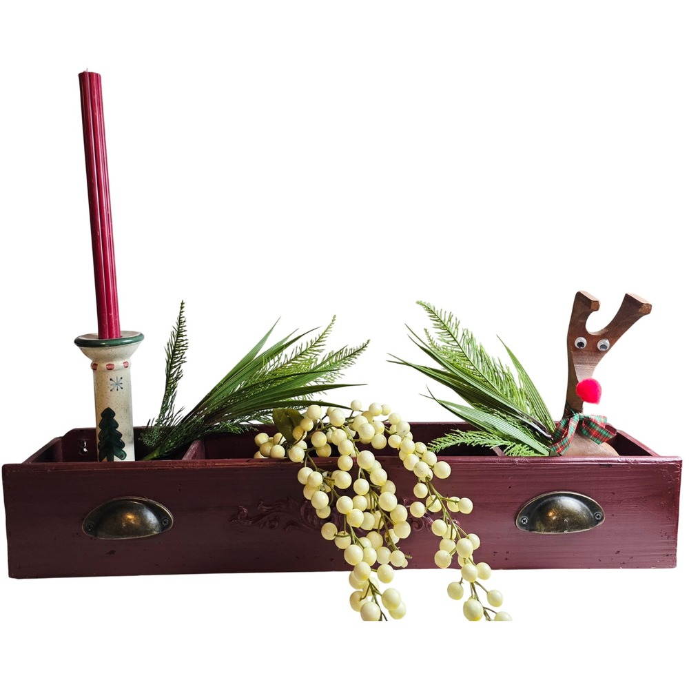 Rustic Burgundy Wood Divided Wall Shelf Centerpiece Box Farmhouse Holiday 4 Slot
